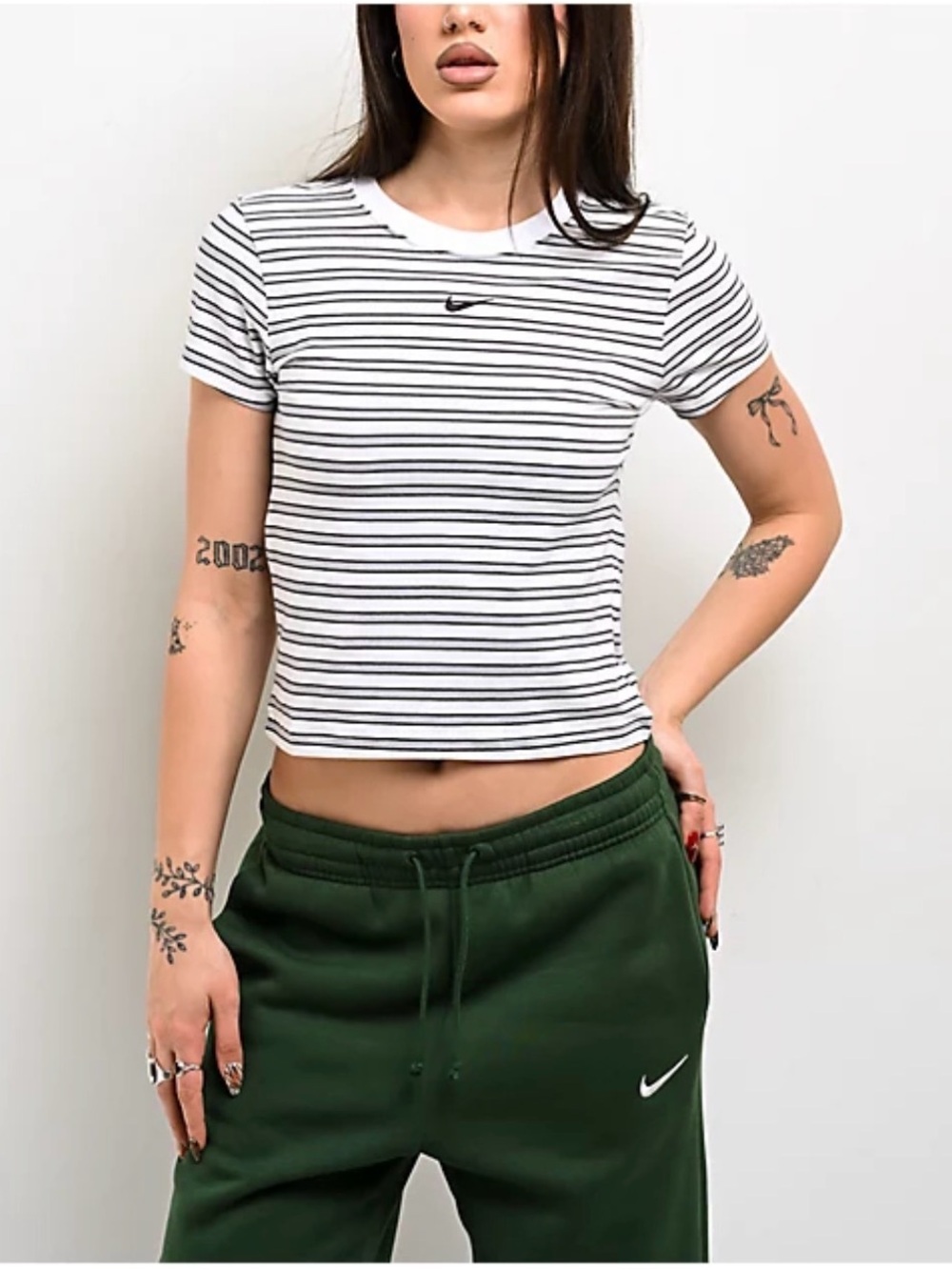 Nike Women’s White and Black Striped Crop Tee